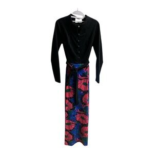 Vintage 70s Black velvet maxi dress with floral print and tie waist